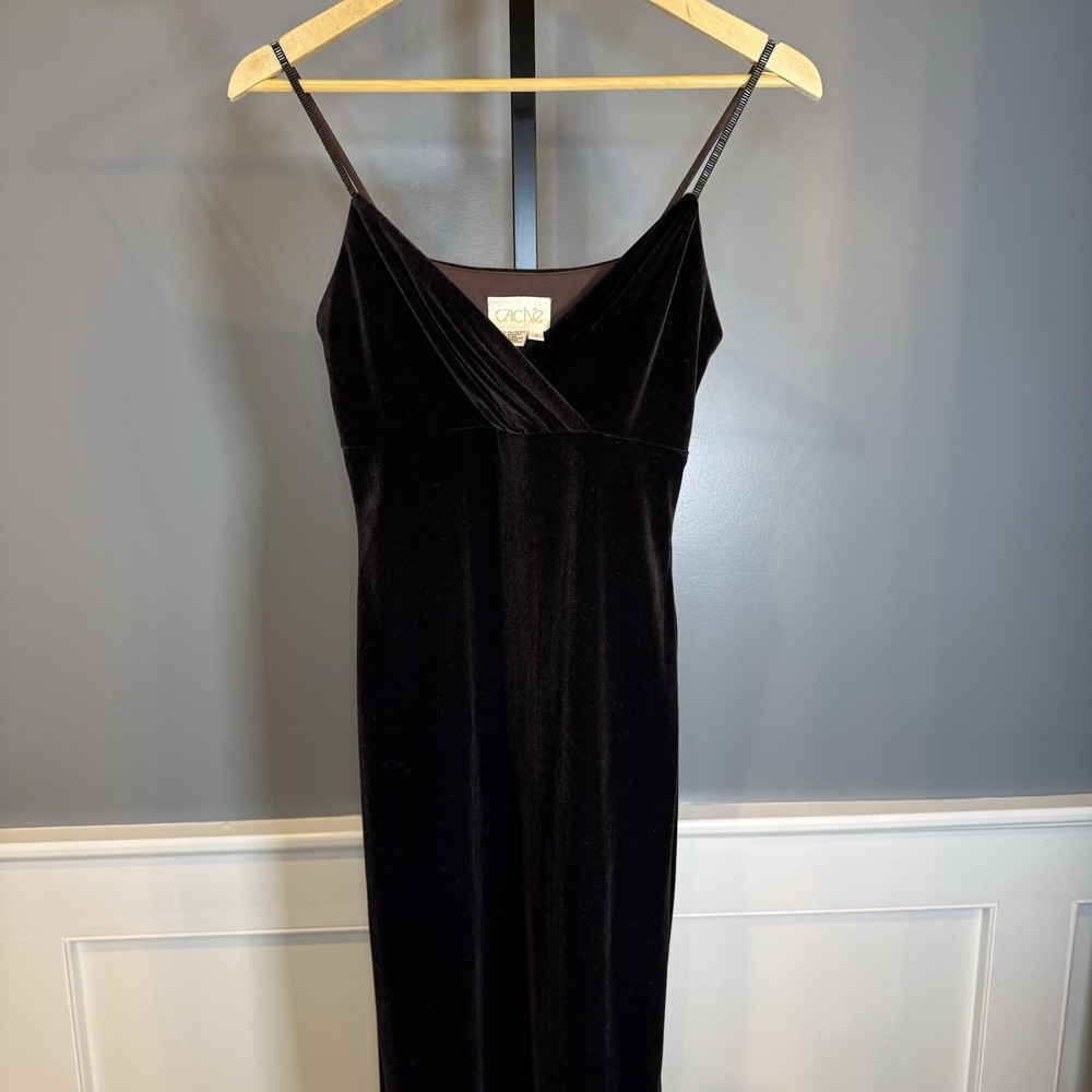 Vtg 90s Cache Dress Maxi Gown Velvet Deep Brown Size 2